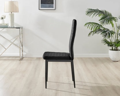 Novara White Marble Black Leg Round Dining Table & 4 Velvet Milan Black Leg Chairs
