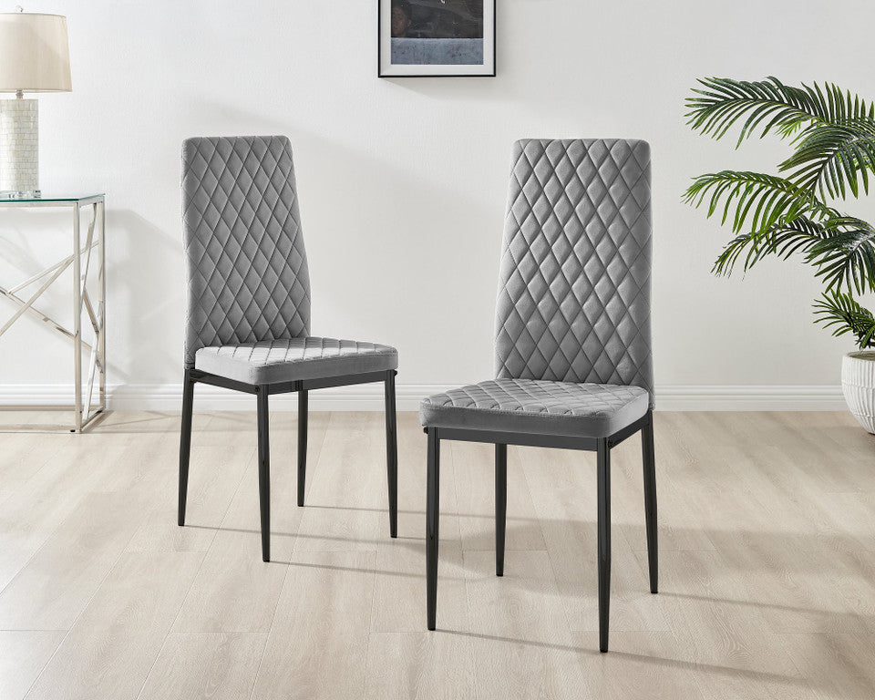 Novara White Marble Black Leg Round Dining Table & 4 Velvet Milan Black Leg Chairs
