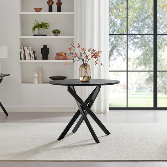 Novara Round Oak Veneer and Black Metal 4 Seater Dining Table
