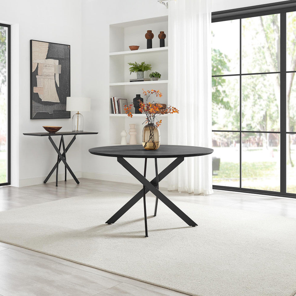 Novara Round Oak Veneer and Black Metal 6 Seater Dining Table