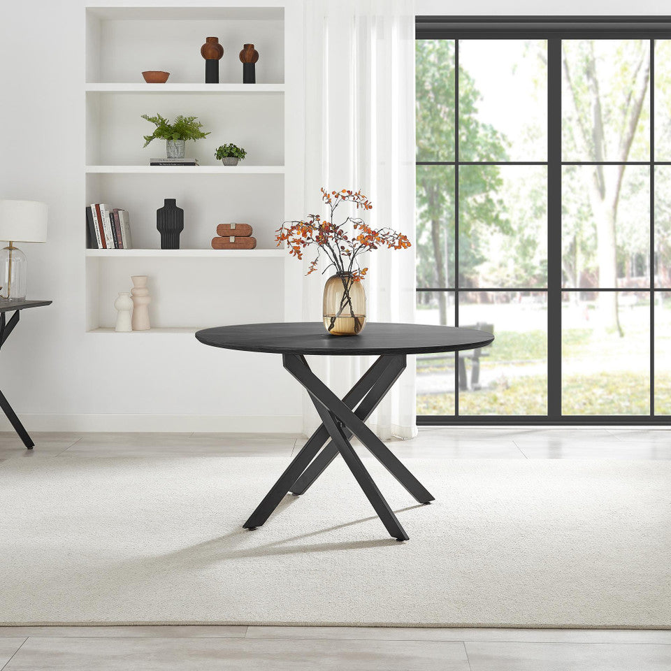 Novara Round Oak Veneer and Black Metal 6 Seater Dining Table