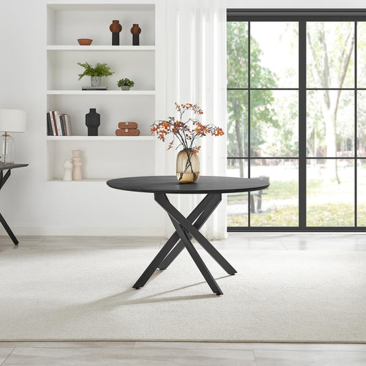 Novara Round Oak Veneer and Black Metal 6 Seater Dining Table