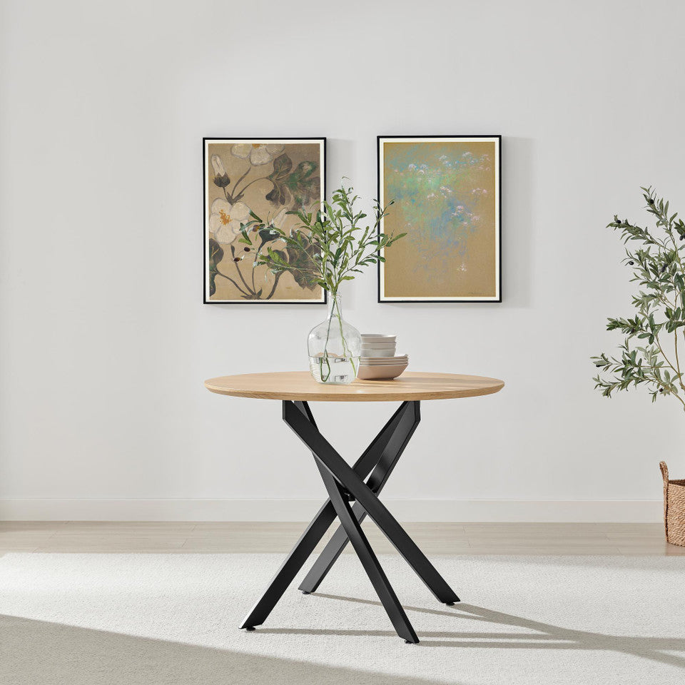 Novara Round Oak Veneer and Black Metal 4 Seater Dining Table