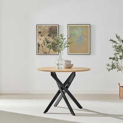 Novara Round Oak Veneer and Black Metal 4 Seater Dining Table