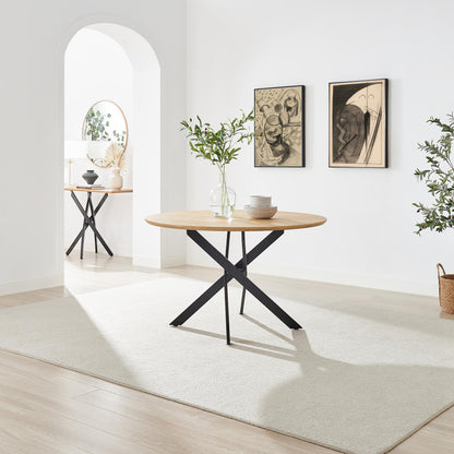 Novara Round Oak Veneer and Black Metal 6 Seater Dining Table