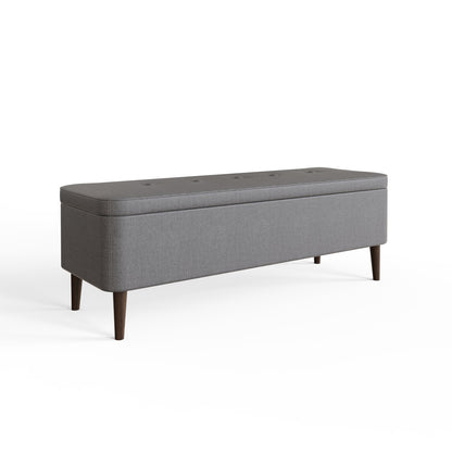 Grey Linen Ottoman Storage Bench with Wooden Legs