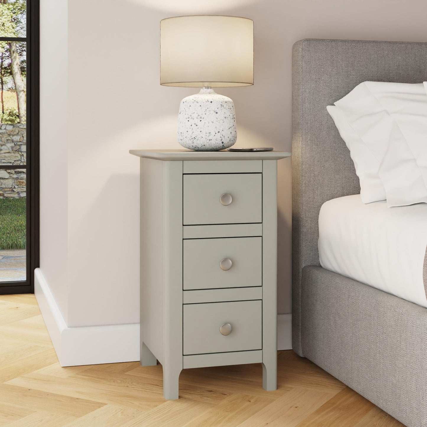 Palma 3 Drawer Bedside Cabinet – Pale Grey Finish