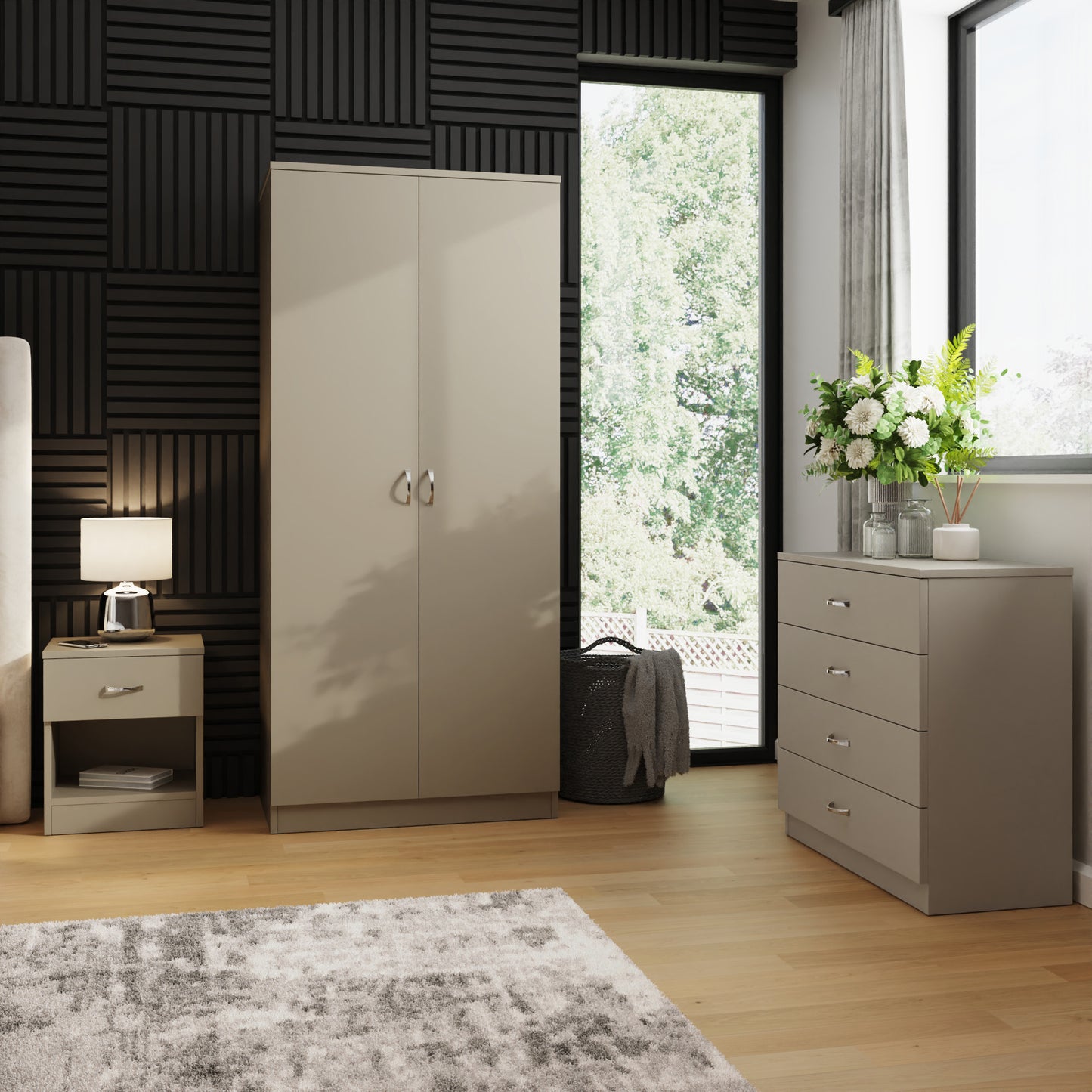 Promo 3 Piece Bedroom Set – Putty Wardrobe, Chest of Drawers & Nightstand | Modern Bedroom Furniture UK