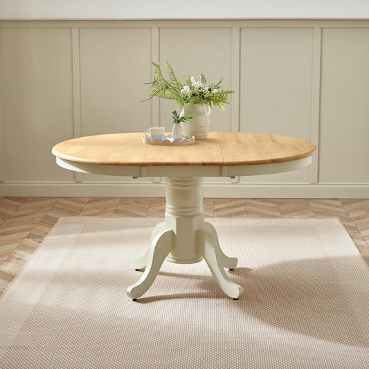 Padstow Round Whitewashed and Light Grey Solid Wood Extending 4-6 Seater Dining Table