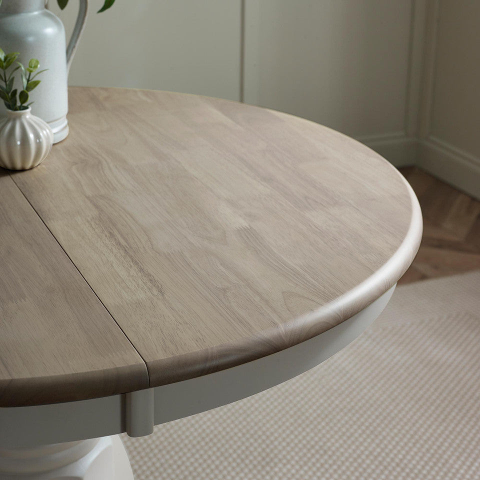 Padstow Round Whitewashed and Light Grey Solid Wood Extending 4-6 Seater Dining Table