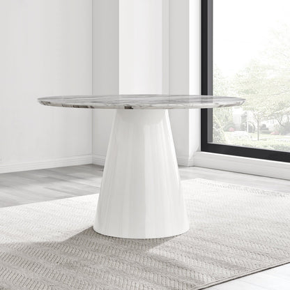 Palma White Marble Effect Round Dining Table & 6 Halle Black Leg Chairs