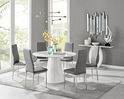 Palma White High Gloss Round Dining Table & 6 Milan Chrome Leg Chairs
