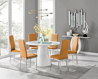 Palma White High Gloss Round Dining Table & 6 Milan Chrome Leg Chairs