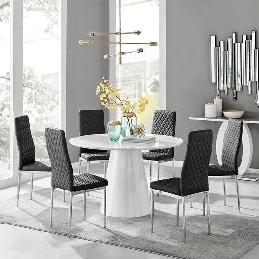 Palma White High Gloss Round Dining Table & 6 Milan Chrome Leg Chairs
