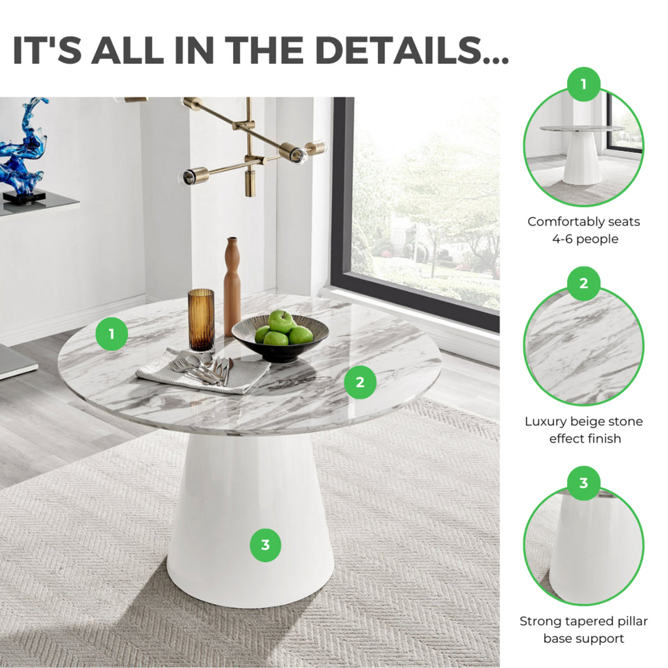 Palma Round White Marble Effect 4-6 Seater Dining Table