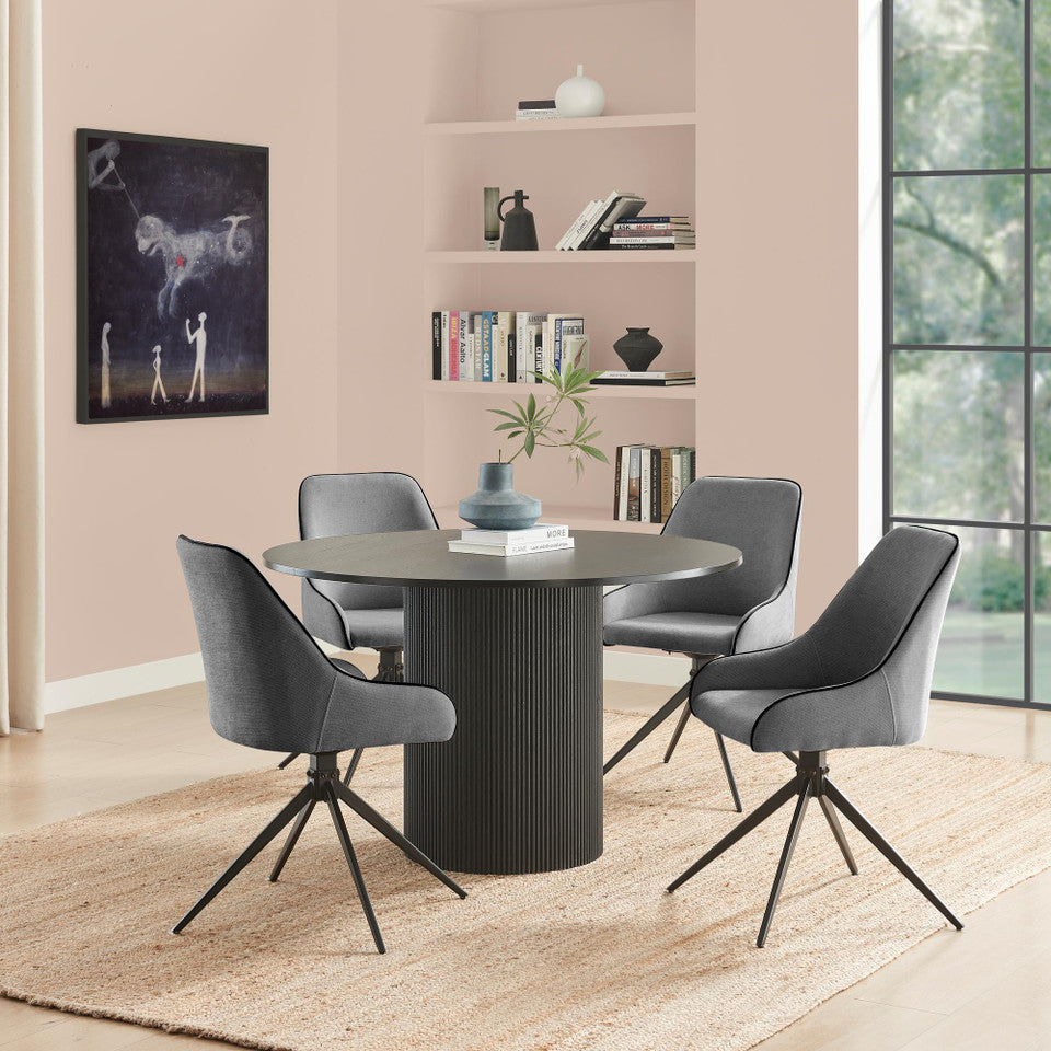 Penrose Black Round Dining Table & 4 Beaumont Fabric Swivel Chairs