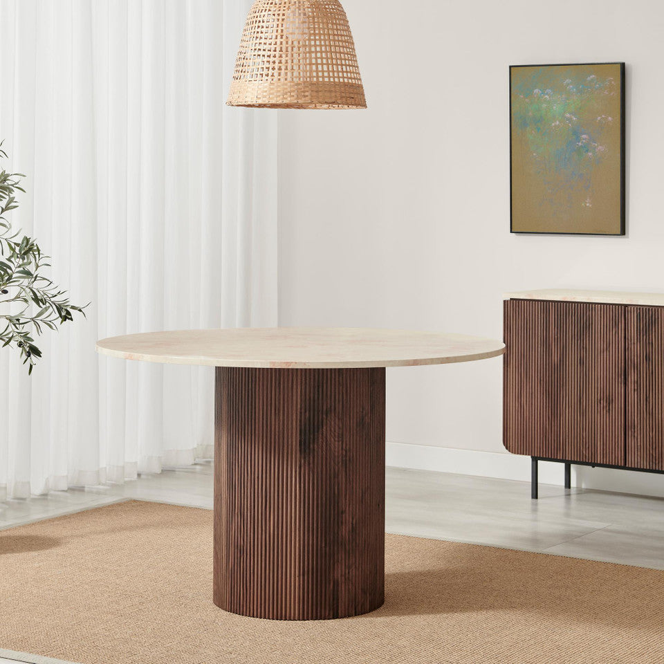 Penrose Round Walnut & Marble Effect Slatted 4-6 Seater Dining Table