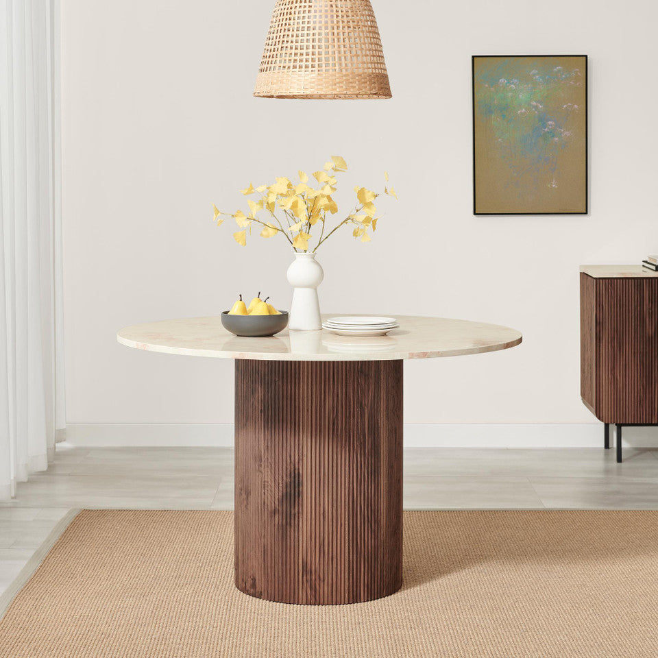 Penrose Walnut and Marble Effect Round Dining Table & 4 Walnut Caia Dining Chairs