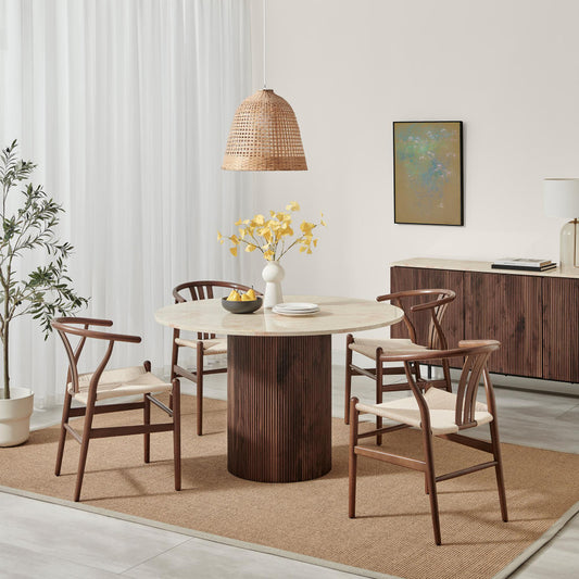 Penrose Walnut and Marble Effect Round Dining Table & 4 Walnut Caia Dining Chairs