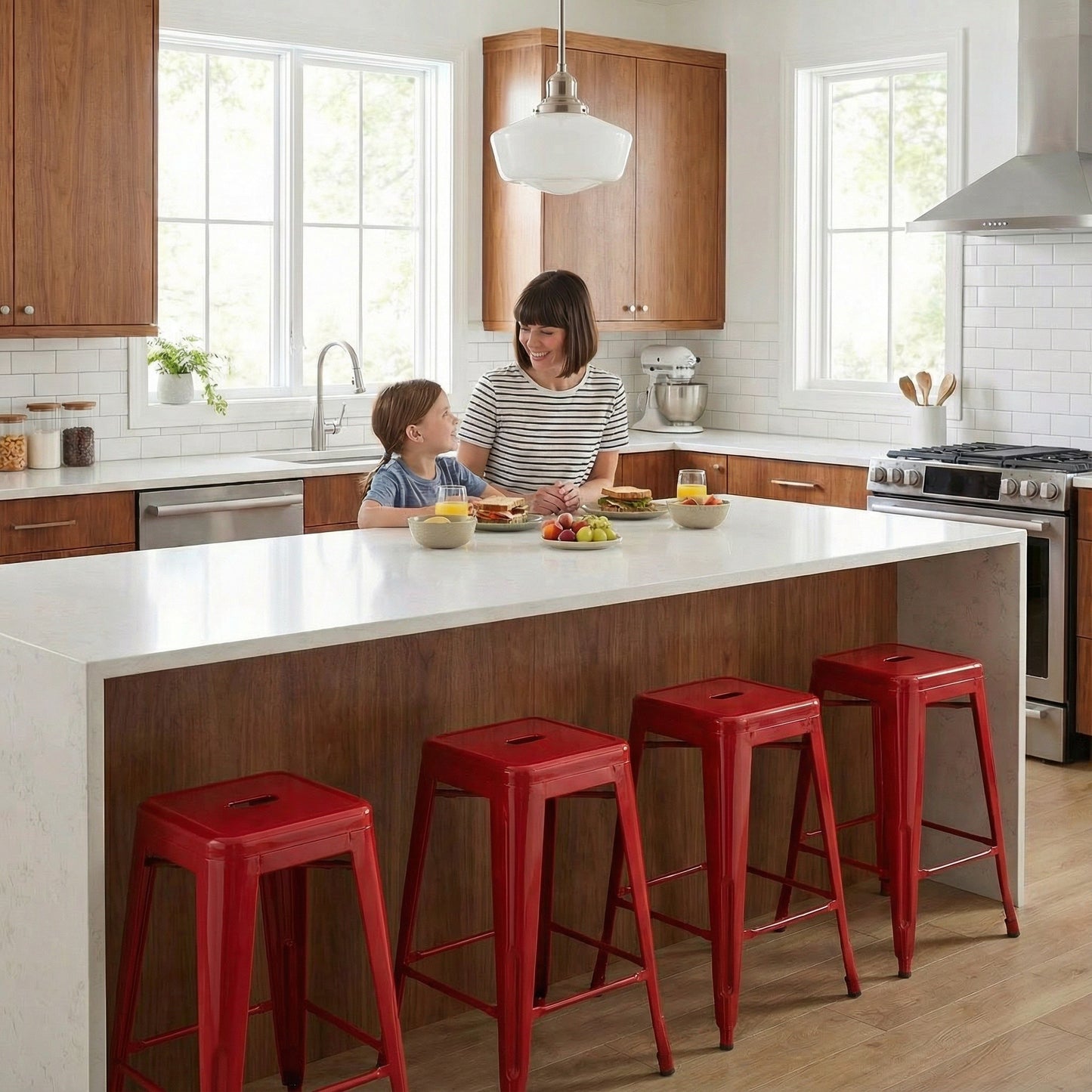 Bistro Pack of 4 Red 24" Countertop Stools – Industrial Style