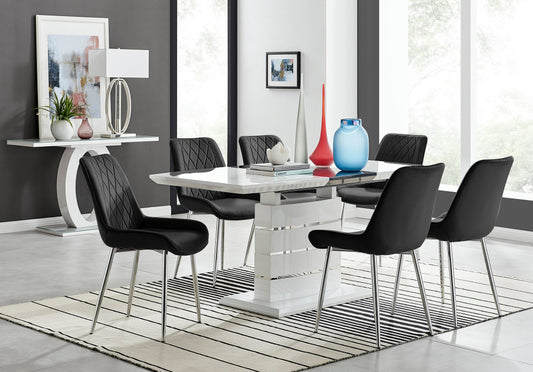 Renato 120cm High Gloss Extending Dining Table and 6 Pesaro Silver Leg Chairs