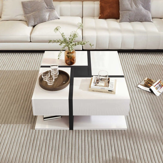 Modern Coffee Table with 4 Drawers – Unique Color Matching & Line Design | 78×78×36cm Storage Center Table