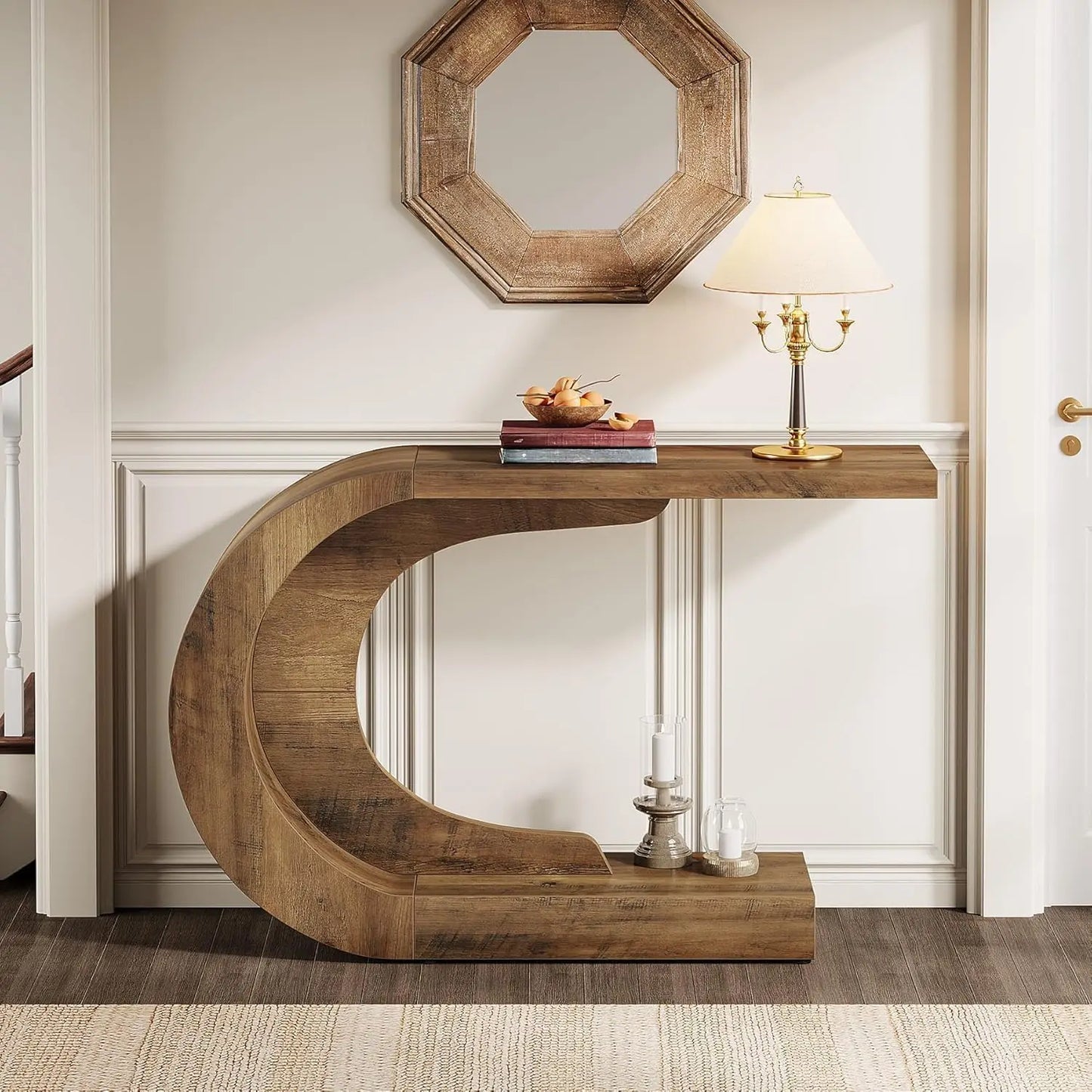 43.3" Mid-Century Modern Console Table for Entryway, Wood C-Shaped Entry Accent Table for Living Room, Entrance, Foyer