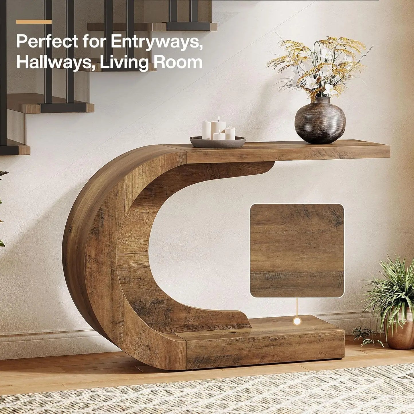 43.3" Mid-Century Modern Console Table for Entryway, Wood C-Shaped Entry Accent Table for Living Room, Entrance, Foyer