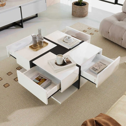 Modern Coffee Table with 4 Drawers – Unique Color Matching & Line Design | 78×78×36cm Storage Center Table