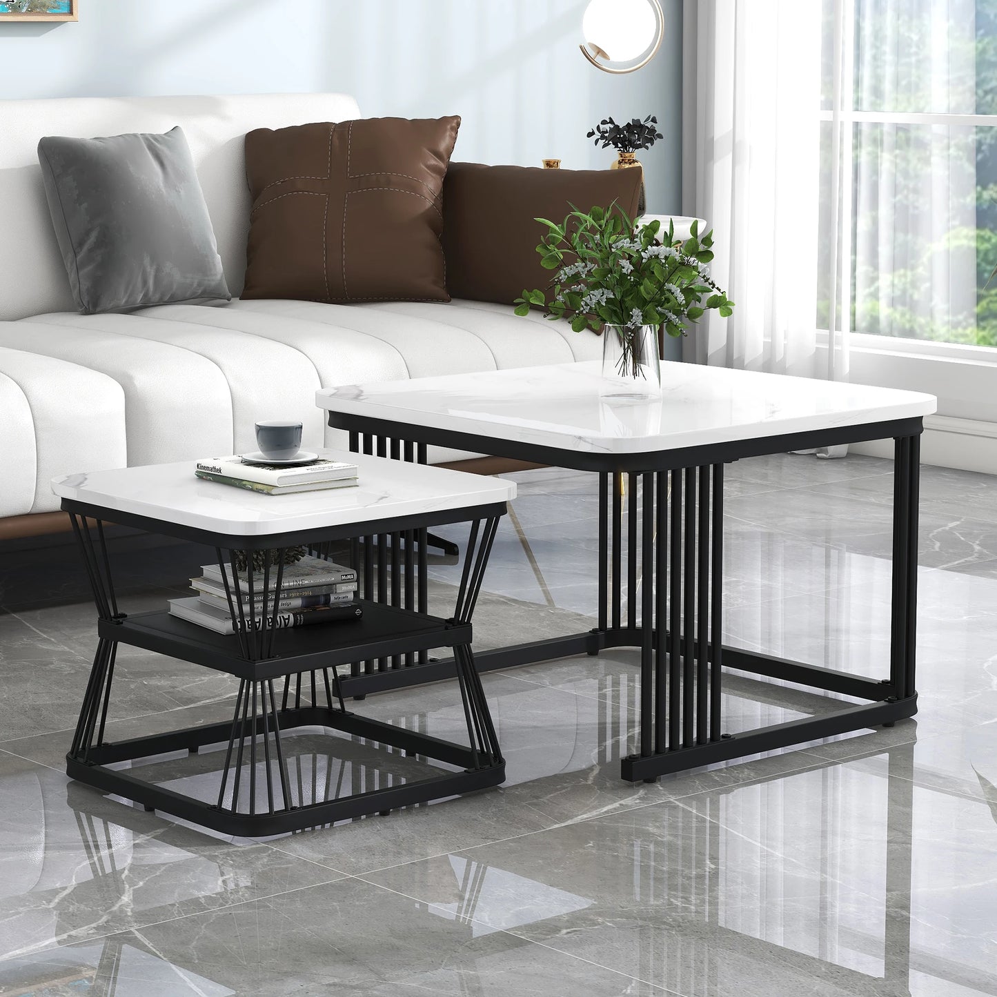Set of 2 Nesting Tables with Black Metal Frame and Marble Pattern Top, Square Coffee Table for Living Room Hom