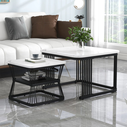 Set of 2 Nesting Tables with Black Metal Frame and Marble Pattern Top, Square Coffee Table for Living Room Hom
