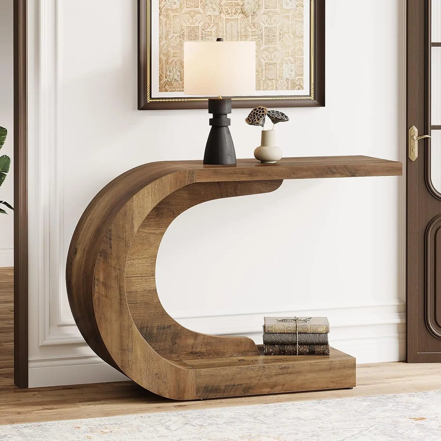 43.3" Mid-Century Modern Console Table for Entryway, Wood C-Shaped Entry Accent Table for Living Room, Entrance, Foyer