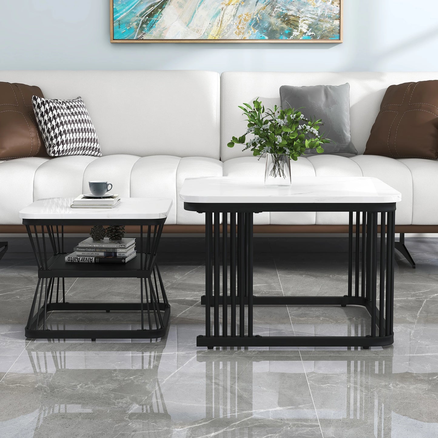 Set of 2 Nesting Tables with Black Metal Frame and Marble Pattern Top, Square Coffee Table for Living Room Hom