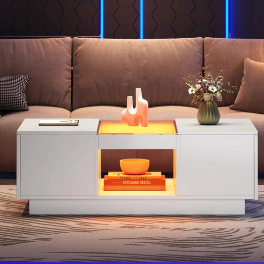 LED Lights Coffee Table for Living Room – Modern Center Table with Storage, 2 Tiers, 2 Drawers, and Large Surface