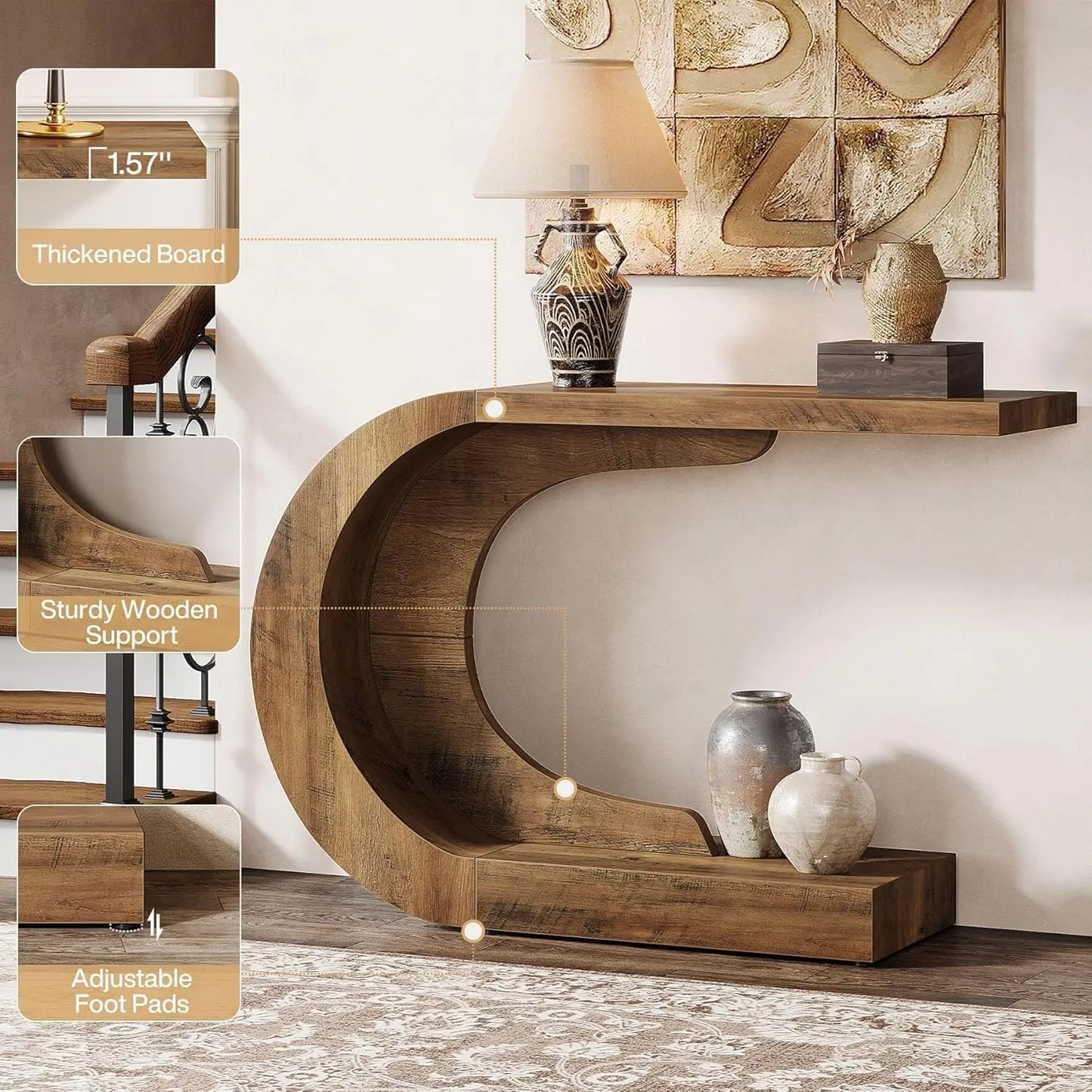 43.3" Mid-Century Modern Console Table for Entryway, Wood C-Shaped Entry Accent Table for Living Room, Entrance, Foyer