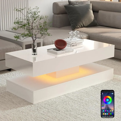 Modern White LED Coffee Table – 16-Color Light Rectangle Console | Living Room Tea Side End Centre Table