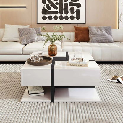 Modern Coffee Table with 4 Drawers – Unique Color Matching & Line Design | 78×78×36cm Storage Center Table
