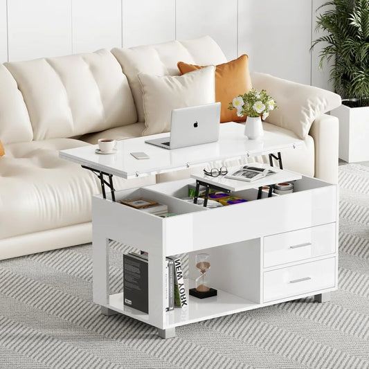 4-in-1 High Gloss Lift-Top Coffee Table with Hidden Storage, Open Shelf & 2 Drawers