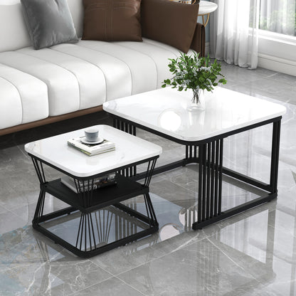 Set of 2 Nesting Tables with Black Metal Frame and Marble Pattern Top, Square Coffee Table for Living Room Hom