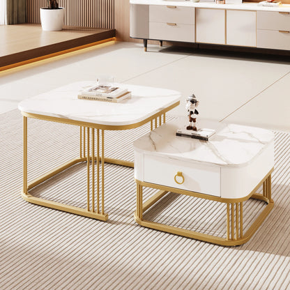 Nestable Coffee Table Set – High Gloss Marble Finish with Gold Accents (Set of 2)
