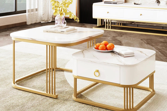 Nestable Coffee Table Set – High Gloss Marble Finish with Gold Accents (Set of 2)