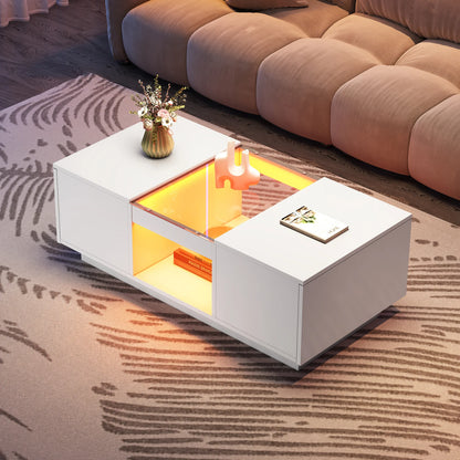 LED Lights Coffee Table for Living Room – Modern Center Table with Storage, 2 Tiers, 2 Drawers, and Large Surface