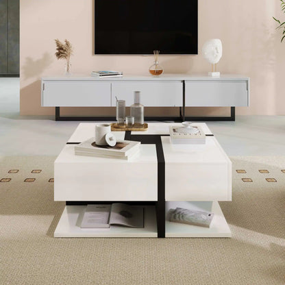 Modern Coffee Table with 4 Drawers – Unique Color Matching & Line Design | 78×78×36cm Storage Center Table