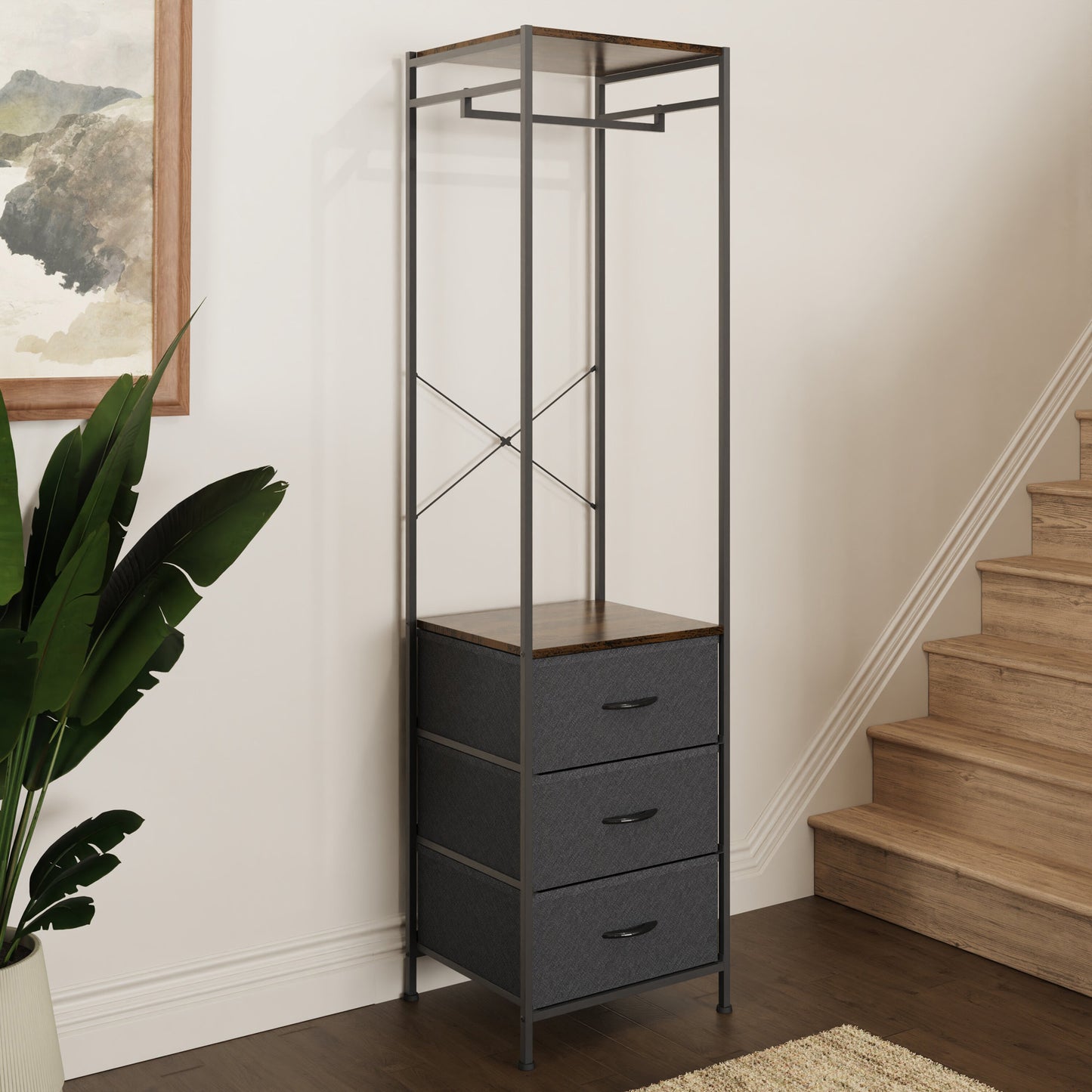 Industrial Urban Coat Storage Rack with 3 Fabric Drawers