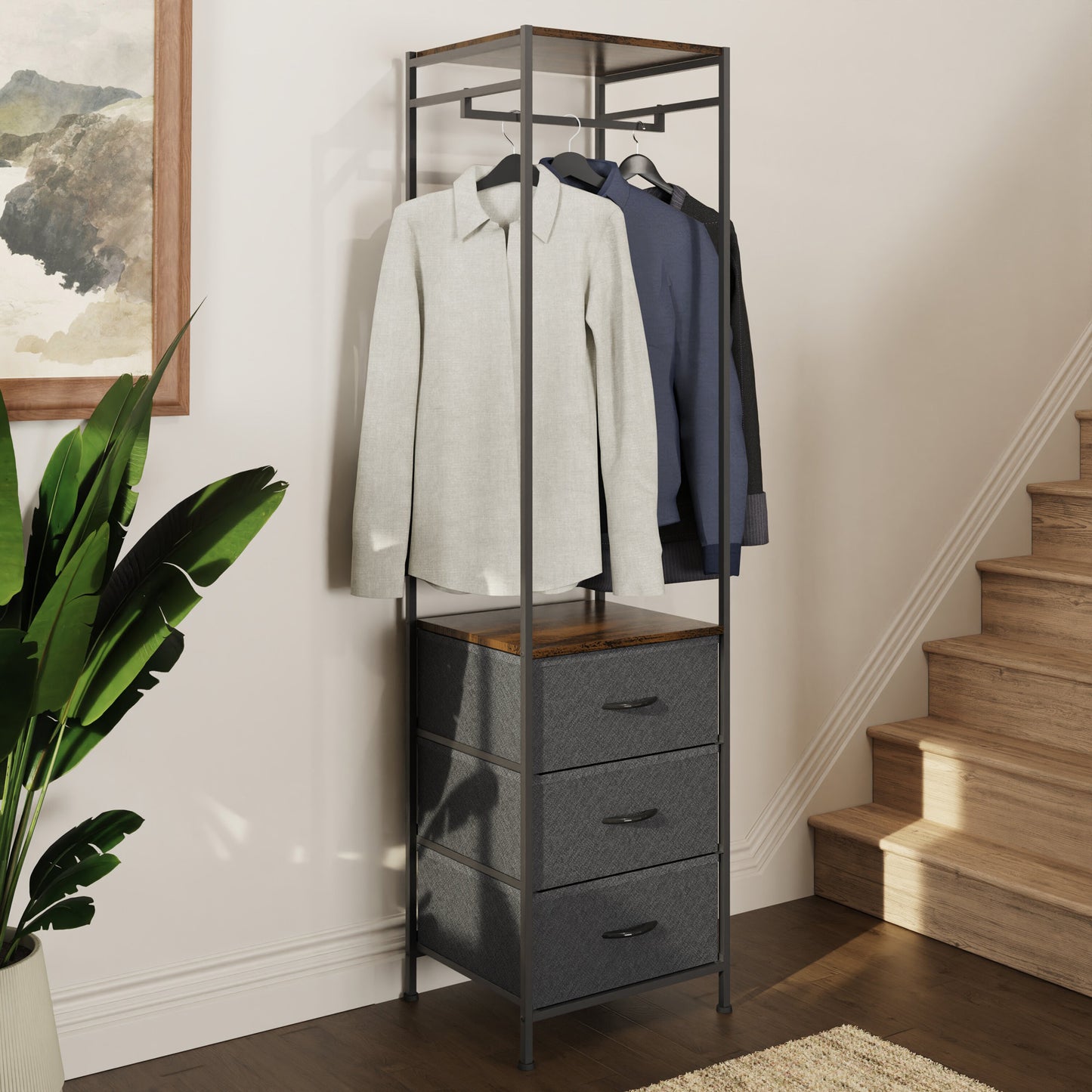 Industrial Urban Coat Storage Rack with 3 Fabric Drawers