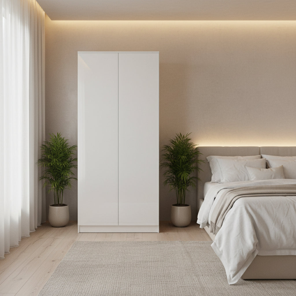 FWStyle Stora 2 Door Wardrobe White Gloss – Modern Bedroom Storage Cabinet