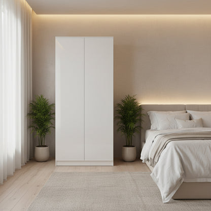 FWStyle Stora 2 Door Wardrobe White Gloss – Modern Bedroom Storage Cabinet