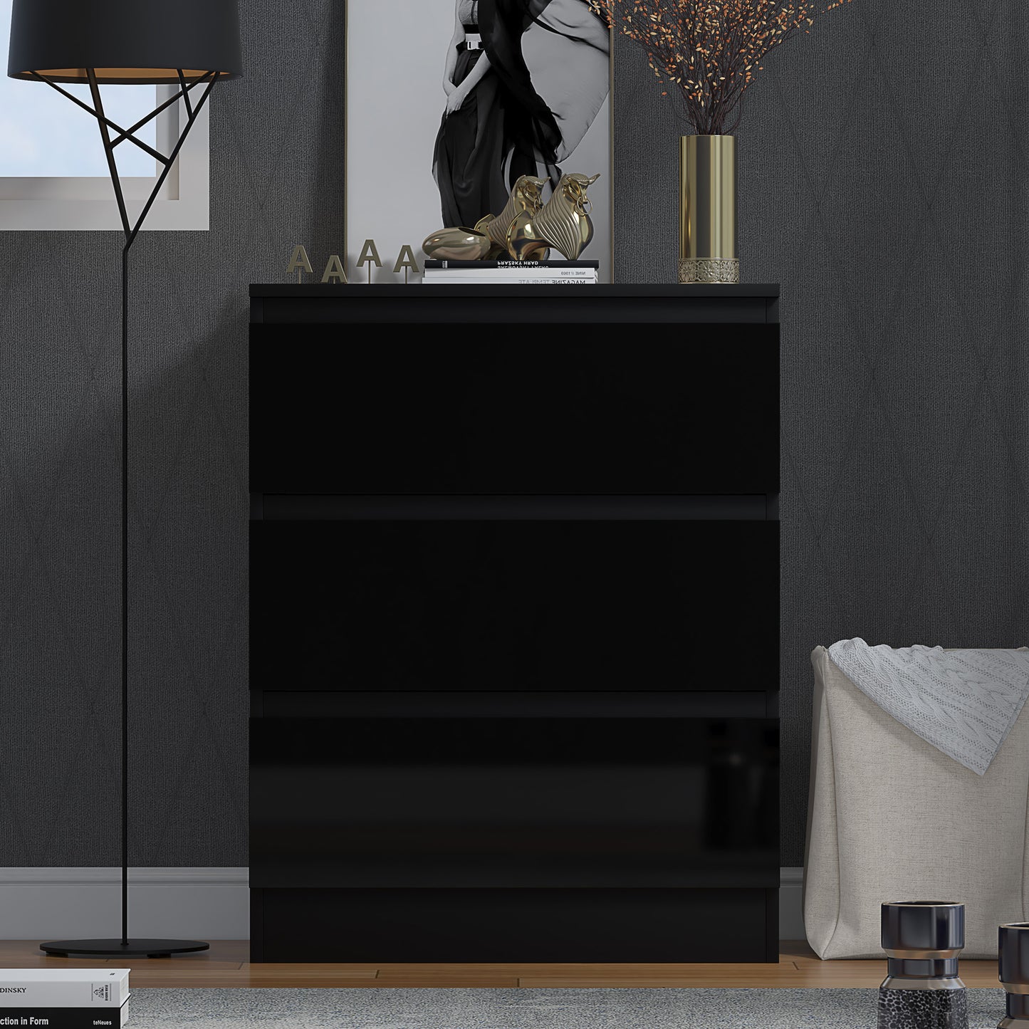 FWStyle Stora 3-Drawer Chest – Black Gloss Front