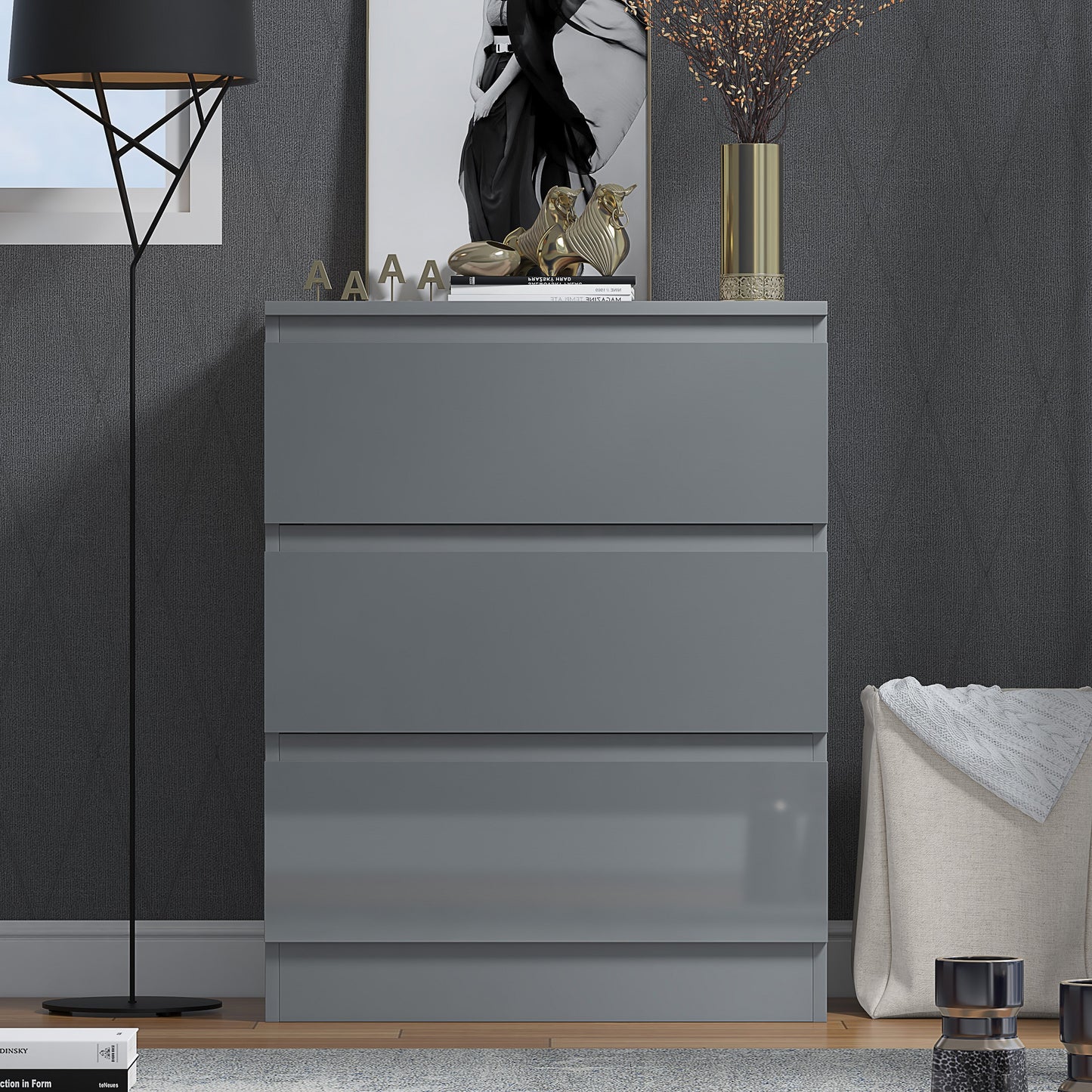 Stora 3 Drawer Chest of Drawers Grey Gloss Front
