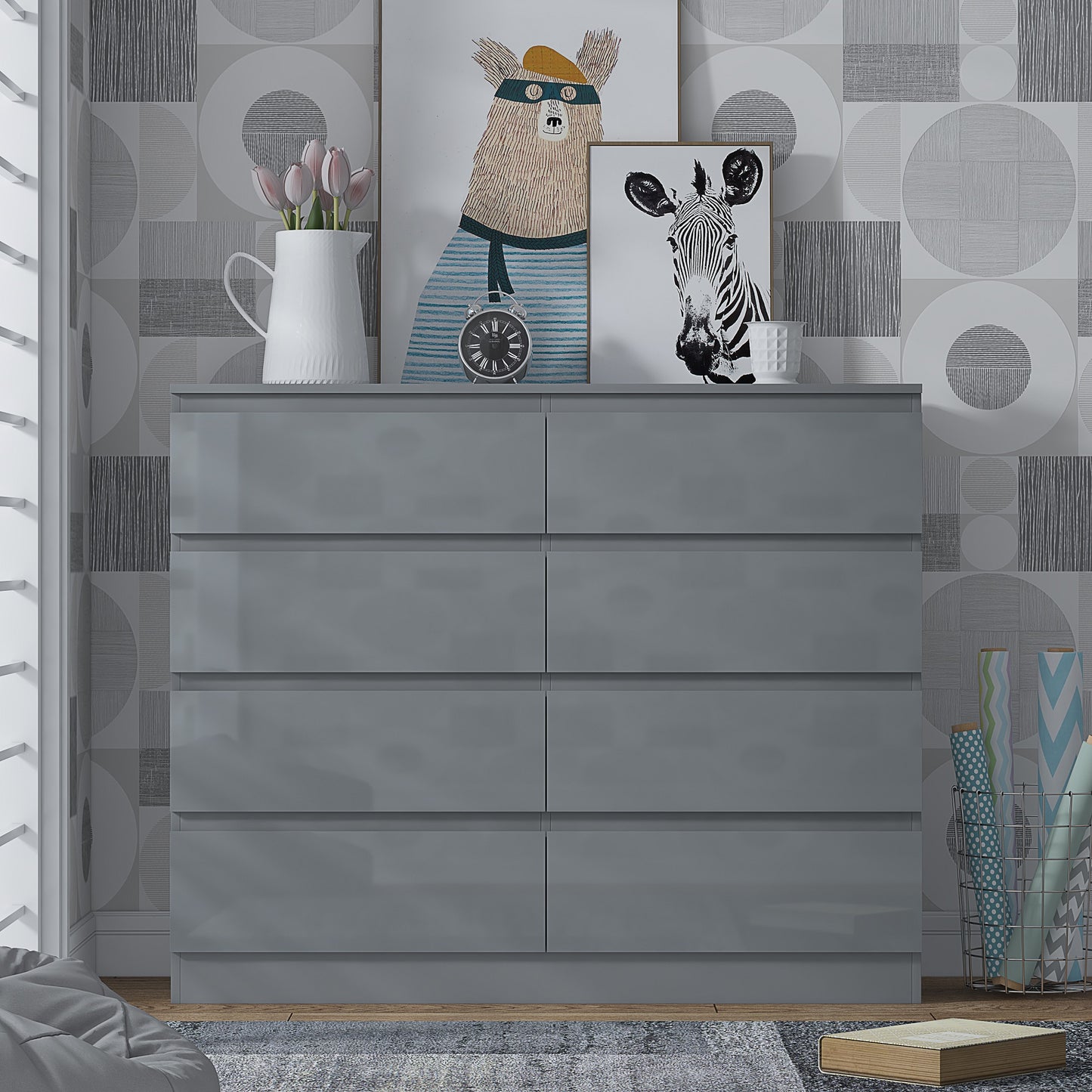 Stora 8 Drawer Wide 4+4 Chest of Drawers – Grey Gloss Front